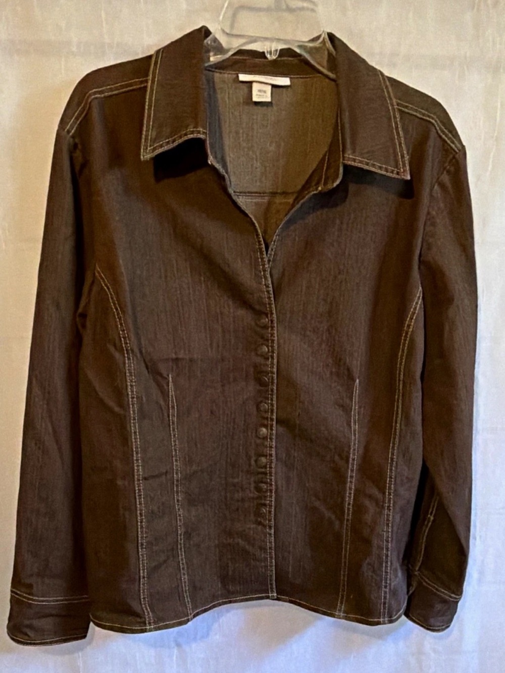 dressbarn Women's Dark Brown Button-Front Jean Jacket with Contrast Stitching